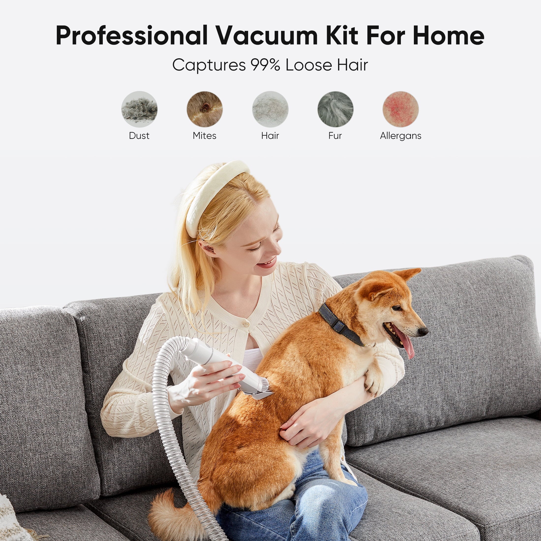 Dog Grooming Kit, 2.5L Pet Hair Grooming Vacuum, 5-In-1 Electric Clippers Cleaning Sets for Dog/Cat/Other Animals, White